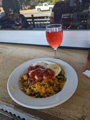 Fried egg hash and poinsettia.