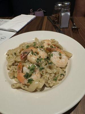 Campanelle with shrimp scampi (ALL pastas made fresh in-house!). Yum!