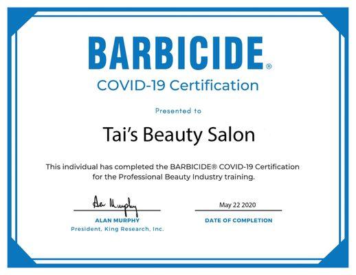 We are Certified by BARBICIDE to provide cleanliness and safety to our clients during the COVID-19 Pandemic.