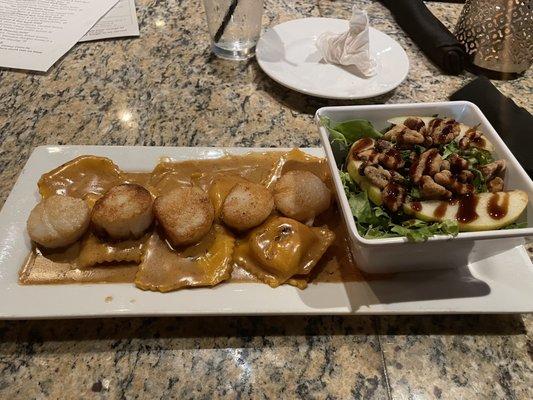 Scallops over butternut squash with pear salad