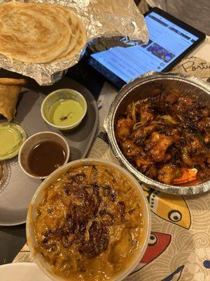 Parotta bread, fried chicken & shrimp masala