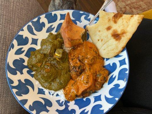 Saag paneer. Butter chicken. Samosa. Naan. Rice.