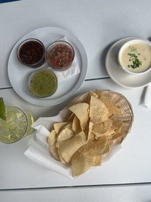 House Margarita, Salsa Trio, Cheese Dip