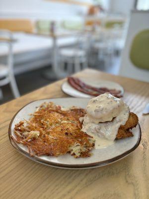 Fried chicken biscuit and crunch hash browns