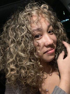 Ashy balayage Curly bangs Perfectly shaped juicy curls