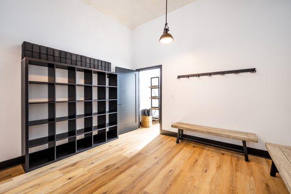 Storage for coats, purses and belongings. Studio doors lock before class.