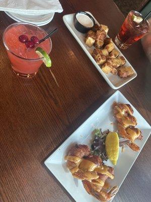 Cranberry margarita, shrimp wrapped with bacon, cheese curds, cran apple spritzer