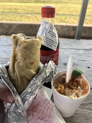 Asada Burrito, elote and coke