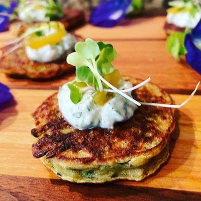 Zucchini Fritter
 Pickled Maui Onion, Greek Yogurt Tzaziki Sauce