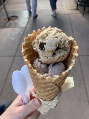 Single scoop waffle cone -- Java chocolate chip and Oreo