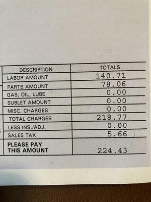 A whopping $224 for an oil change and tire rotation. This is ~$100 more than other dealers. I was told that this was due to high oil prices.