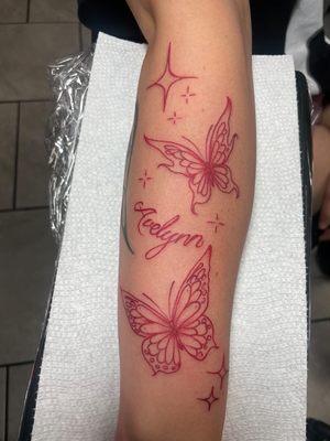 Tattoo, butterfly, red  ARTIST- BEAVIN @_ROSEMONSTER ON IG