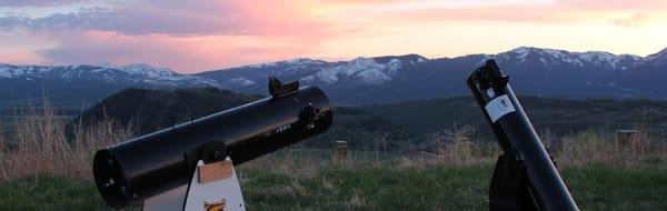 Our scopes at one of our client hotels at sunset, facing the Teton range