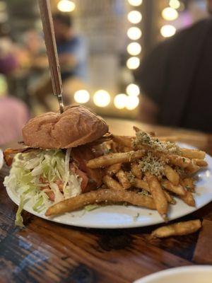 Garlic Bacon Burger with Garlic Parmesan Fries