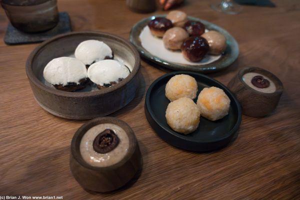 Desserts, including rice balls and mini donuts that I still have mixed feelings about.