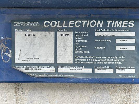 Outside collection time is 5;00. 6 days a week