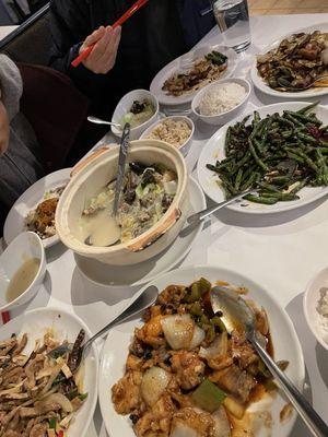 Baked tofu with shredded pork, Assorted Vegetable and Meat in Casserole Soup, monk fish, Wok Braised Green Bean, Double Cooked Pork Belly