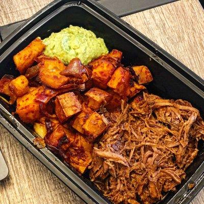 Market Trio Plate with Braised Beef, Sweet Potato Hash and Smashed Avocado