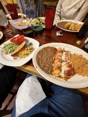 #52 Elena dinner - cheese enchiladas with a bean taco, guacamole and cheese.