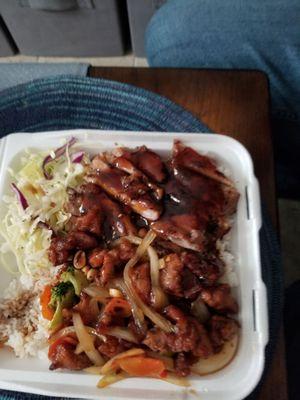 Chicken teriyaki and kung pao chicken combo.