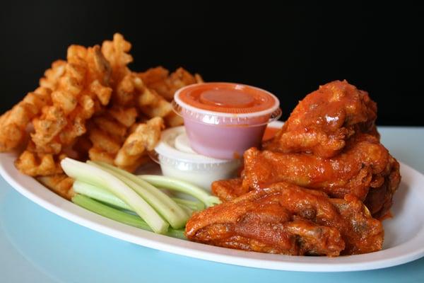 Atomic Wings waffle fries and wings