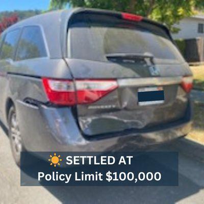 Rear-end accident settled at Policy Limit $100,000.