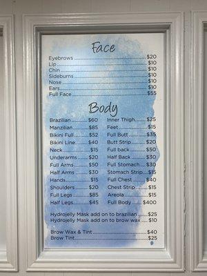 Waxing price list