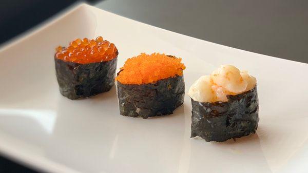 Sushi - Ikura (salmon egg), Masago (smelt egg), Hotate (scallop)

left to right