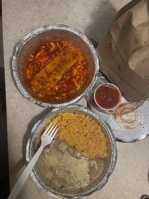 Cheese Enchilada with red sauce, rice and Beans