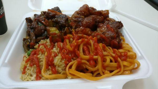 2 item combo plate $5.99 Half chow mein half fried rice. Pepper Beef and General Tso's Chicken.