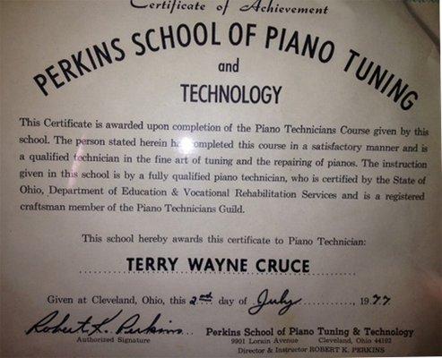 Prestigious Perkins School of Piano Tuning Diploma