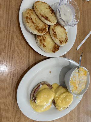 Eggs Benedict with grits and Biscuits & Gravy