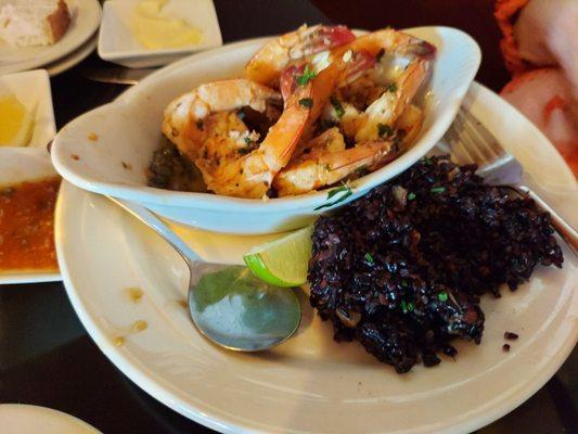 Prawns marsala with capers and black wild rice.