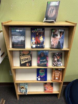 Downstairs YA room book display.