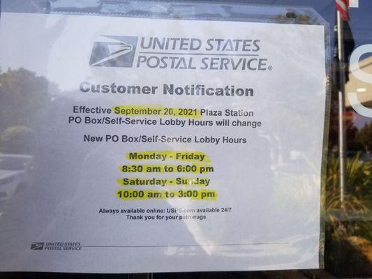 New hours for PO boxes