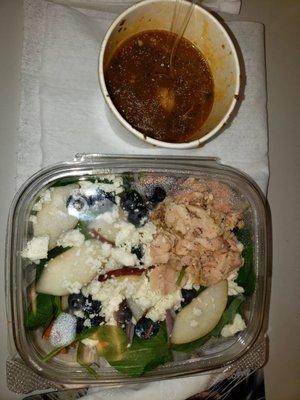 Jerk lamb chili and spinach salad w/salmon