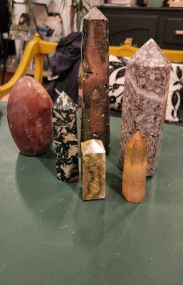 Hematoid quartz (fire quartz) Fossilized Chrysanthemum Pyrite  White Leopard Jasper BumbleBee Jasper Sunset Aura Quartz