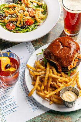 Burgers, fries, and draft beer