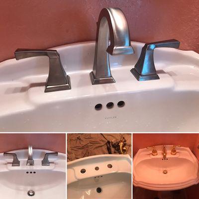 This pedestal sink got an update with a new brushed stainless steel faucet made by Delta.