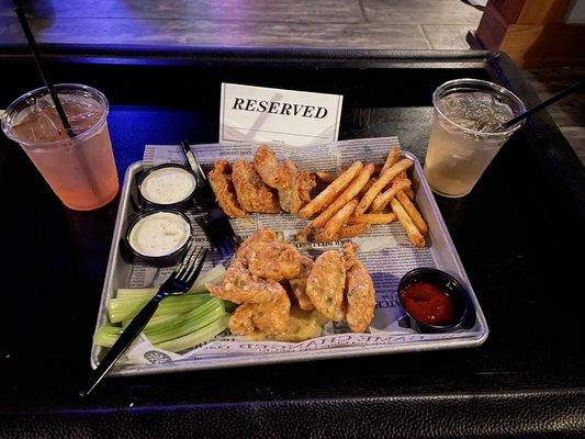 Boneless chicken wings, fried pickles and fries!