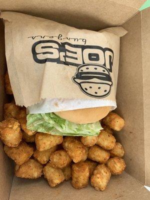 Joe's Classic Burger (without cheese) and Cajun Tots