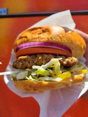 Hamburger 
/ Flame Grilled Angus Beef Patty 4 oz, Lettuce, Pickles, Onion, Tomato, Burger Sauce (ketchup, mayo, mustard mixed up)