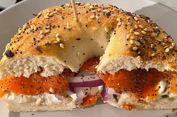 Lox smoked salmon on everything bagel.