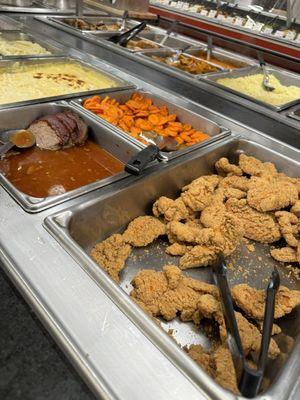 Chicken tenders, meatloaf, Mac and cheese , roasted vegetables