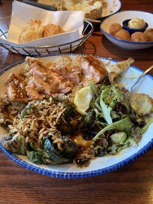 Salmon with soy/ginger sauce on rice, roasted Brussel sprouts & spring salad. Absolutely delicious