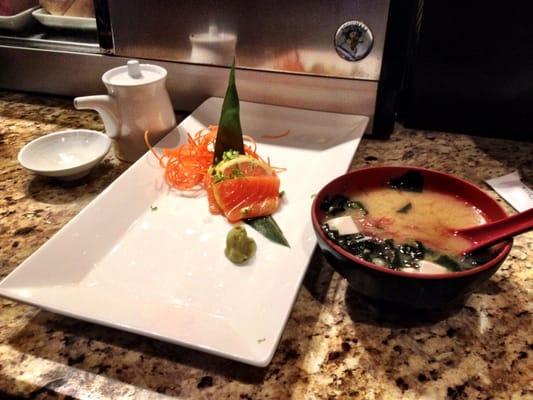 Miso soup and salmon sashimi