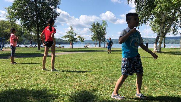 Playing volleyball