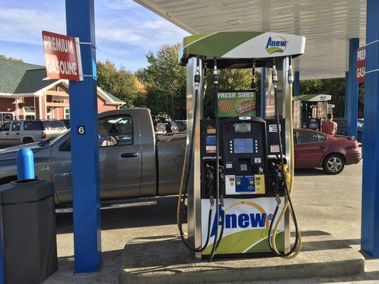 Regular gasoline, premium gasoline, 88-octane E15, and E85. View of the pump zoomed out.