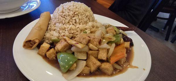 Vegetarian Kung Pao Tofu Lunch Plate with brown rice