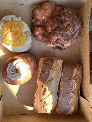 2 amazing fritters - blueberry & apple, so good!! 2 maple chocolate bars - the maple frosting was delicious!